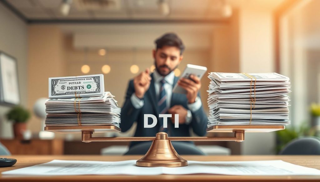 A detailed, professional illustration of "負債比DTI" conceptually represented through a balance scale on a desk in the foreground. On one side, stack of bills representing debts, labeled with percentages, and on the other side, a stack of income statements symbolizing monthly income. In the middle ground, a business professional in business attire, holding a calculator, looking thoughtfully at the scale. The background features a softly blurred office environment with warm, diffused lighting, emphasizing a serious yet hopeful mood. The focus is sharp on the scale and the professional, with a shallow depth of field to draw attention to the concepts of debt-to-income ratio amidst the broader office ambiance.