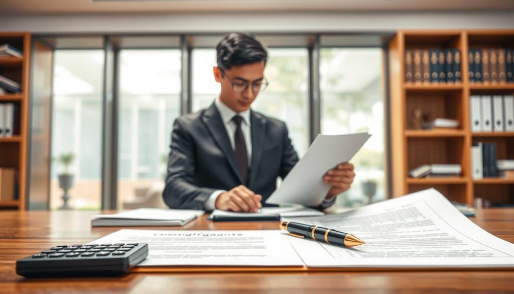 A detailed, professional illustration portraying the concept of "抵押權登記" (mortgage registration). In the foreground, a close-up of official documents, like a mortgage agreement and certificate, is elegantly spread across a wooden desk, paired with a fountain pen and a calculator. In the middle ground, a well-dressed businessperson examines the papers, wearing a smart suit, with a focused expression. Behind them, a blurred office environment reflects a sense of professionalism, featuring a bookshelf filled with legal texts and property portfolios. Bright, natural lighting floods the room, highlighting the documents and creating a warm ambiance that conveys the seriousness of financial decisions. The composition should evoke a mood of clarity and responsibility, emphasizing the importance of understanding mortgage status.