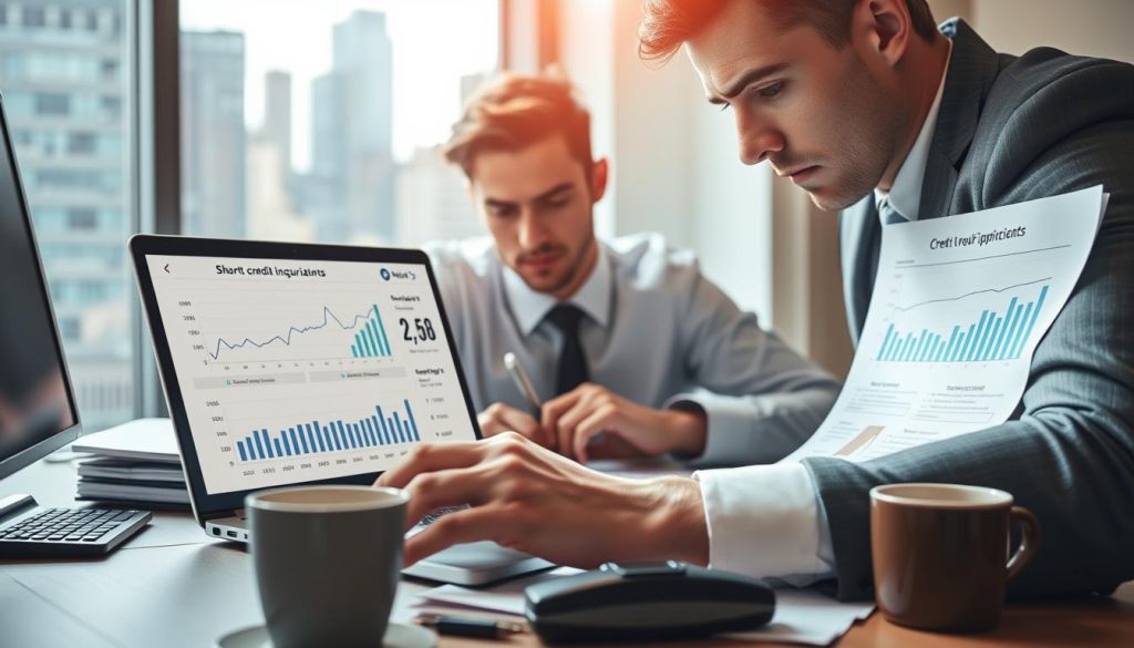 A detailed, professional setting depicting a person analyzing a financial report related to short-term credit inquiries. In the foreground, a well-dressed individual in business attire, intently studying a laptop screen, with graphs and charts visible, showcasing trends in credit applications. The middle ground features a cluttered desk with financial documents, a calculator, and a cup of coffee, emphasizing a high-pressure decision-making environment. In the background, a softly blurred window reveals a modern cityscape under soft daylight, instilling a sense of urgency and professionalism. The lighting is bright and focused, highlighting the subject's determined expression. The atmosphere is tense yet strategic, suggesting careful planning and analysis in the face of multiple credit inquiries.