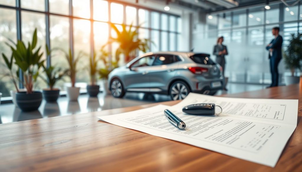 A detailed, professional setting depicting the core elements of automotive loans in Taiwan. In the foreground, a polished wooden table with a partially open car loan contract, a pen, and a car key resting on it. The middle area features a luxury compact car, showcasing its sleek design, with a backdrop of a well-lit, modern office space filled with potted plants and large glass windows. Soft natural light pours in, creating a warm and inviting atmosphere. The background shows an abstract representation of legal documents, emphasizing the concept of security agreements, with blurred outlines of people in business attire discussing. The scene conveys a sense of professionalism, trust, and financial responsibility. A detailed, professional setting depicting the core elements of automotive loans in Taiwan. In the foreground, a polished wooden table with a partially open car loan contract, a pen, and a car key resting on it. The middle area features a luxury compact car, showcasing its sleek design, with a backdrop of a well-lit, modern office space filled with potted plants and large glass windows. Soft natural light pours in, creating a warm and inviting atmosphere. The background shows an abstract representation of legal documents, emphasizing the concept of security agreements, with blurred outlines of people in business attire discussing. The scene conveys a sense of professionalism, trust, and financial responsibility.