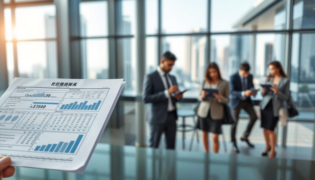 A detailed representation of a "聯徵紀錄" document placed prominently in the foreground, showcasing an intricate layout of financial data and statistics. The document has clear graphs and tables, indicating a professional analysis of credit risk. In the middle ground, a sleek modern bank office filled with professionals in business attire, attentively reviewing client profiles on their tablets and laptops. The background features large windows with a cityscape view, providing natural daylight that casts a soft glow across the scene. The overall atmosphere is one of seriousness and precision, highlighting the importance of data in determining credit risk levels, with a focus on clarity and professionalism.