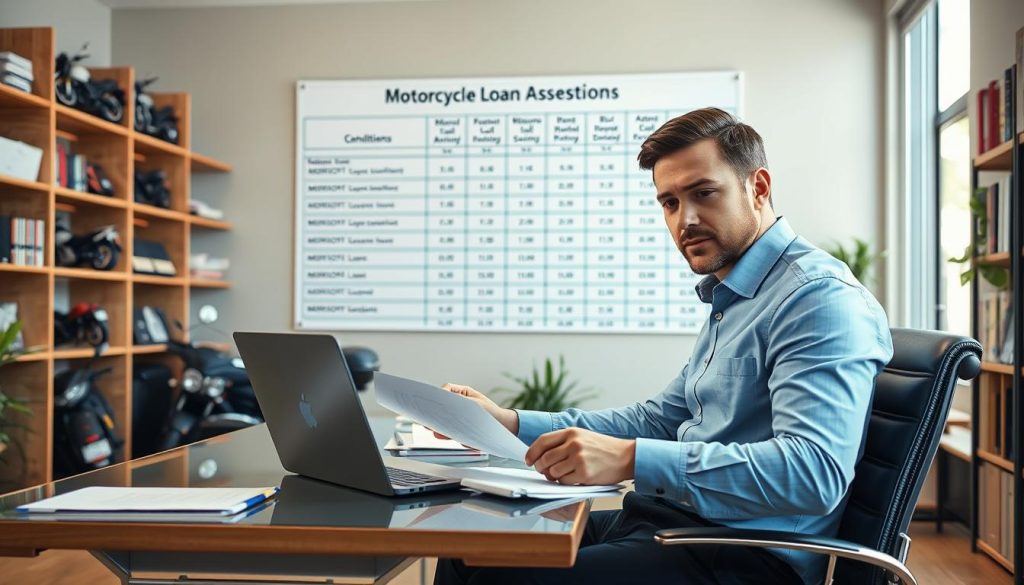 A detailed scene depicting a financial advisor's office focused on motorcycle loan assessments. In the foreground, a professional-looking advisor, dressed in smart casual attire, sits at a modern desk filled with paperwork and a laptop. He is examining documents with a focused expression, representing the complexity of loan conditions. In the middle ground, a large chart detailing motorcycle loan conditions hangs on the wall, with bullet points highlighting various factors affecting loan amounts. The background features shelves lined with motorcycle models and financial books, creating a knowledgeable atmosphere. Soft natural light filters through a large window, adding warmth to the space, while a shallow depth of field keeps attention on the advisor and his work. The overall mood is serious yet inviting, suggesting an informative discussion on financial matters.