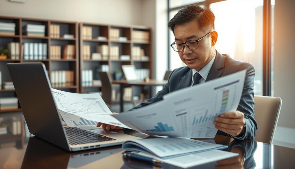 A detailed scene depicting a professional office environment focused on "信用報告" (credit report). In the foreground, a businessperson in formal attire, a middle-aged Asian man, sits at a modern desk, intently reviewing a detailed credit report with graphs and numerical data visible. His expression is concentrated and thoughtful. In the middle, a laptop is open, displaying financial charts and documents, while a notepad with notes and a pen lies nearby. The background features a softly lit office with bookshelves filled with financial books and a large window showcasing a city skyline under a bright daylight. The overall atmosphere is focused and motivating, emphasizing the importance of financial health in negotiations. The lighting is natural and warm, highlighting the professionalism of the setting. A detailed scene depicting a professional office environment focused on "信用報告" (credit report). In the foreground, a businessperson in formal attire, a middle-aged Asian man, sits at a modern desk, intently reviewing a detailed credit report with graphs and numerical data visible. His expression is concentrated and thoughtful. In the middle, a laptop is open, displaying financial charts and documents, while a notepad with notes and a pen lies nearby. The background features a softly lit office with bookshelves filled with financial books and a large window showcasing a city skyline under a bright daylight. The overall atmosphere is focused and motivating, emphasizing the importance of financial health in negotiations. The lighting is natural and warm, highlighting the professionalism of the setting.