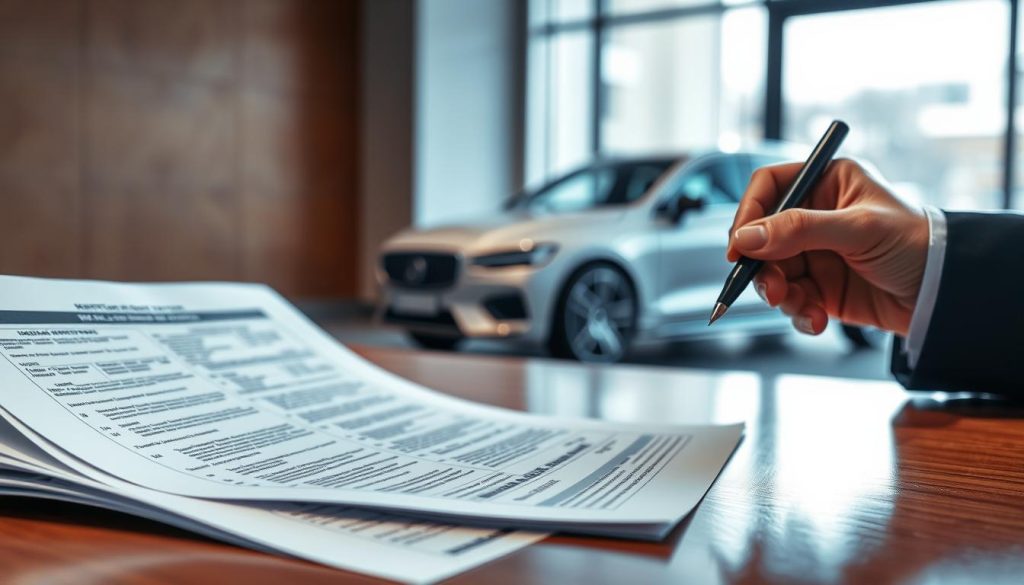 A detailed scene focusing on a car registration document, prominently displayed on a polished wooden desk. In the foreground, the document, with intricate design elements, is partially opened revealing crucial information like car ownership details. To the side, a hand in a professional business attire gently holds a pen, poised to sign. In the middle background, a blurred image of a modern car can be seen through a window, adding context without drawing attention away from the document. The background features soft, diffused lighting that suggests a professional office environment. The overall mood should convey clarity, professionalism, and legal significance, emphasizing the importance of ownership and rights associated with the vehicle. A detailed scene focusing on a car registration document, prominently displayed on a polished wooden desk. In the foreground, the document, with intricate design elements, is partially opened revealing crucial information like car ownership details. To the side, a hand in a professional business attire gently holds a pen, poised to sign. In the middle background, a blurred image of a modern car can be seen through a window, adding context without drawing attention away from the document. The background features soft, diffused lighting that suggests a professional office environment. The overall mood should convey clarity, professionalism, and legal significance, emphasizing the importance of ownership and rights associated with the vehicle.