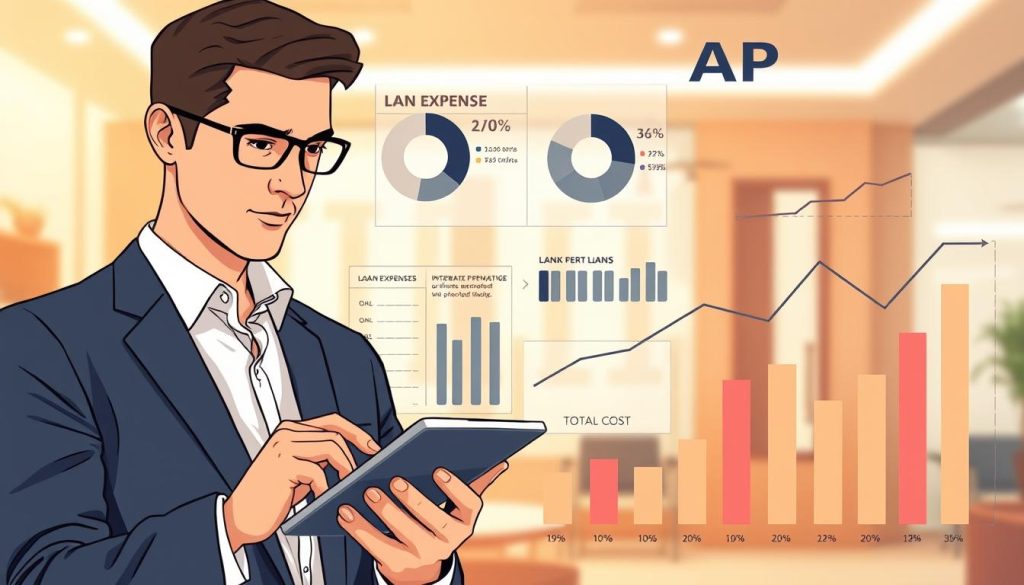 A detailed, stylized illustration representing the concept of "Annual Percentage Rate" (APR) related to personal loans, suitable for a financial article. In the foreground, a professional individual dressed in business attire is calculating loan costs on a modern, sleek calculator. The middle ground showcases various graphical elements such as pie charts and bar graphs that visualize loan expenses, interest rates, and total costs, with clear percentages highlighted. The background features a softly blurred bank office interior, with warm lighting and neutral tones to create a professional atmosphere. The overall mood is focused and informative, emphasizing the importance of understanding financial metrics in personal lending. The composition should have a balanced layout with a slight upward angle to suggest growth and clarity. A detailed, stylized illustration representing the concept of "Annual Percentage Rate" (APR) related to personal loans, suitable for a financial article. In the foreground, a professional individual dressed in business attire is calculating loan costs on a modern, sleek calculator. The middle ground showcases various graphical elements such as pie charts and bar graphs that visualize loan expenses, interest rates, and total costs, with clear percentages highlighted. The background features a softly blurred bank office interior, with warm lighting and neutral tones to create a professional atmosphere. The overall mood is focused and informative, emphasizing the importance of understanding financial metrics in personal lending. The composition should have a balanced layout with a slight upward angle to suggest growth and clarity.