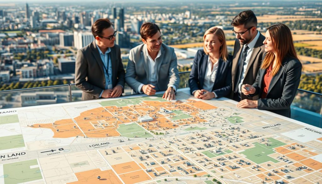 A detailed urban planning map illustrating "urban land" versus "non-urban land" zoning. In the foreground, include a well-organized grid of colorful zones with clear demarcations for residential, commercial, and industrial areas, displayed with icons representing buildings and parks. In the middle ground, a diverse group of professionals in business attire discuss and analyze the map, showcasing a collaborative environment. The background features a cityscape with modern buildings transitioning to rural landscapes, highlighting the contrast between urban and non-urban areas. Use soft, natural lighting to create an optimistic and productive atmosphere, shot from a slightly elevated angle to provide depth and clarity. Ensure the image conveys a sense of analysis and decision-making in urban planning.