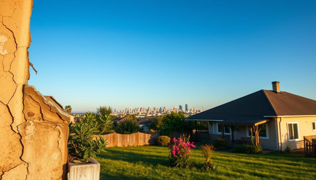 A detailed view of a residential building showing signs of age and wear, symbolizing residual value. In the foreground, there are cracked walls and peeling paint, hinting at its past glory. The middle ground features a well-kept garden contrasting with the house's decline, with vibrant flowers adding life. In the background, a city skyline is visible under a clear blue sky, emphasizing the location's potential. The lighting is warm and soft, reminiscent of sunset, creating a reflective mood. The image is shot from a low angle, allowing the house to dominate the viewer’s perspective while maintaining a sense of dignity. The scene conveys the idea of forgotten value and hope for rejuvenation, making it poignant yet uplifting.