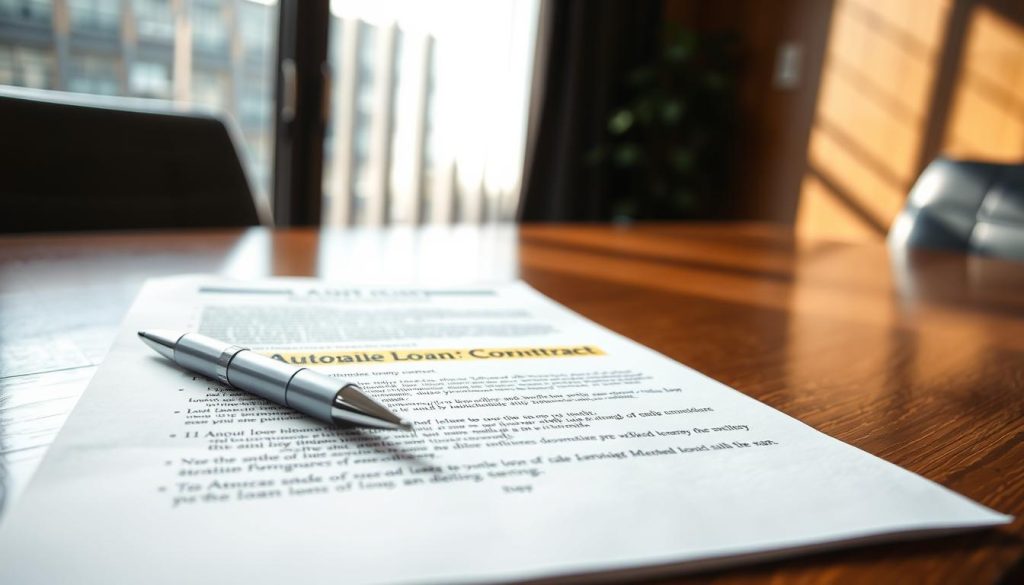 A detailed view of an automobile loan contract document laid on a polished wooden desk, prominently displaying key terms and conditions. In the foreground, a silver pen rests beside the document, suggesting a moment of decision. In the middle, the contract is partially unfurled, with highlighted sections visible, emphasizing important clauses regarding vehicle sale during loan terms. The background features a soft-focus office environment with a large window allowing natural light to illuminate the scene, casting gentle shadows. The atmosphere is professional and serious, evoking a sense of importance and careful consideration in financial decisions. The image is devoid of any text or distractions, ensuring clarity and focus on the contract itself. A detailed view of an automobile loan contract document laid on a polished wooden desk, prominently displaying key terms and conditions. In the foreground, a silver pen rests beside the document, suggesting a moment of decision. In the middle, the contract is partially unfurled, with highlighted sections visible, emphasizing important clauses regarding vehicle sale during loan terms. The background features a soft-focus office environment with a large window allowing natural light to illuminate the scene, casting gentle shadows. The atmosphere is professional and serious, evoking a sense of importance and careful consideration in financial decisions. The image is devoid of any text or distractions, ensuring clarity and focus on the contract itself.