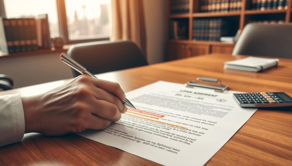 A detailed visual of a "借貸契約" (loan agreement) document laid out on a wooden desk, emphasizing its important sections. In the foreground, a pair of hands is holding a pen, poised to sign the document. The middle ground features the contract paper adorned with legal jargon, highlighted sections about high-interest rates and unfair clauses, and a calculator next to it. The background comprises softly blurred office elements such as a bookshelf filled with legal books and a window revealing a city skyline, bathed in warm, natural light. The atmosphere is serious and professional, capturing the essence of legal diligence and financial responsibility. The image should reflect clarity and focus, evoking trust and careful consideration in financial dealings. A detailed visual of a "借貸契約" (loan agreement) document laid out on a wooden desk, emphasizing its important sections. In the foreground, a pair of hands is holding a pen, poised to sign the document. The middle ground features the contract paper adorned with legal jargon, highlighted sections about high-interest rates and unfair clauses, and a calculator next to it. The background comprises softly blurred office elements such as a bookshelf filled with legal books and a window revealing a city skyline, bathed in warm, natural light. The atmosphere is serious and professional, capturing the essence of legal diligence and financial responsibility. The image should reflect clarity and focus, evoking trust and careful consideration in financial dealings.