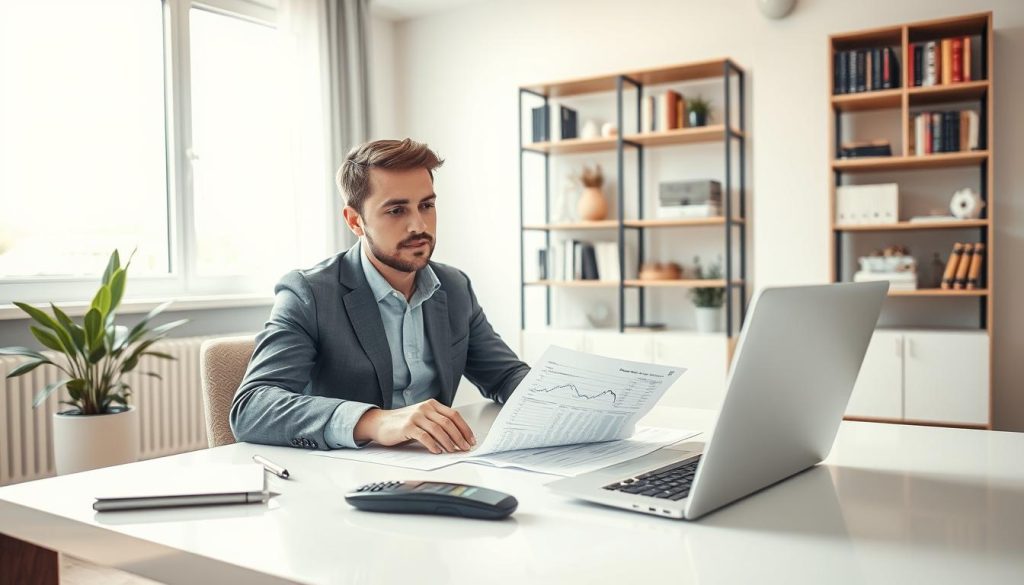 A detailed visual representation of car loan monthly payments depicted through a person analyzing finances in a modern home office. In the foreground, a professional-looking individual in smart casual attire is seated at a clean desk, surrounded by financial documents and a calculator. The person appears focused, utilizing a laptop with financial graphs displayed on the screen. In the middle ground, stylish shelves filled with books and a potted plant add a touch of warmth to the space. The background features a large window allowing soft, natural light to illuminate the room, creating a calm and thoughtful atmosphere. The overall mood conveys a sense of determination and clarity in tackling financial commitments effectively. Use a well-balanced lens to emphasize the subject while maintaining a soft focus on the background elements. A detailed visual representation of car loan monthly payments depicted through a person analyzing finances in a modern home office. In the foreground, a professional-looking individual in smart casual attire is seated at a clean desk, surrounded by financial documents and a calculator. The person appears focused, utilizing a laptop with financial graphs displayed on the screen. In the middle ground, stylish shelves filled with books and a potted plant add a touch of warmth to the space. The background features a large window allowing soft, natural light to illuminate the room, creating a calm and thoughtful atmosphere. The overall mood conveys a sense of determination and clarity in tackling financial commitments effectively. Use a well-balanced lens to emphasize the subject while maintaining a soft focus on the background elements.