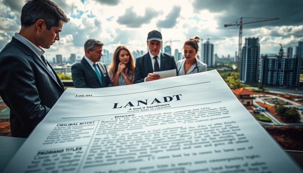 A detailed visual representation of land ownership status, focusing on an abstract yet clear design. In the foreground, a close-up view of a land title document, symbolizing clarity and complexity, with intricate text patterns subtly blurred. The middle ground features a diverse group of professionals in business attire examining the document with thoughtful expressions, emphasizing the importance of clean land rights. The background showcases an urban landscape with both undeveloped land and construction sites, highlighting the contrast in property condition. The lighting is natural and soft, peeking through clouds, creating a thoughtful atmosphere. The image evokes a sense of concern and diligence surrounding property financing, with an emphasis on the challenges of unclear ownership rights.