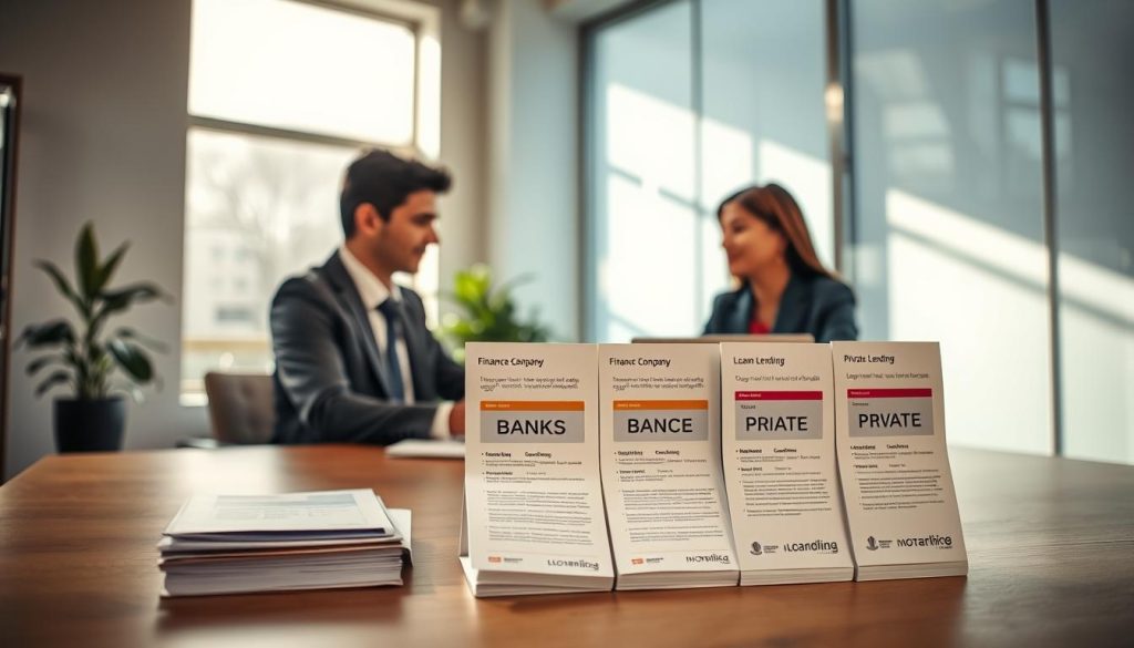 A detailed visual representation of the motorbike loan application process in a modern office setting. In the foreground, a professional business person, dressed in business attire, is discussing with a bank officer at a desk filled with loan documents and a laptop displaying a financial application. In the middle ground, there are various loan brochures labeled with "Bank," "Finance Company," and "Private Lending," illustrating the differences in options. The background features large windows letting in natural light, creating a welcoming atmosphere. Soft shadows cast across the room add depth, while the overall mood conveys professionalism and clarity. The focus is sharp on the characters, with a slight blur on the background to emphasize the discussion. A detailed visual representation of the motorbike loan application process in a modern office setting. In the foreground, a professional business person, dressed in business attire, is discussing with a bank officer at a desk filled with loan documents and a laptop displaying a financial application. In the middle ground, there are various loan brochures labeled with "Bank," "Finance Company," and "Private Lending," illustrating the differences in options. The background features large windows letting in natural light, creating a welcoming atmosphere. Soft shadows cast across the room add depth, while the overall mood conveys professionalism and clarity. The focus is sharp on the characters, with a slight blur on the background to emphasize the discussion.