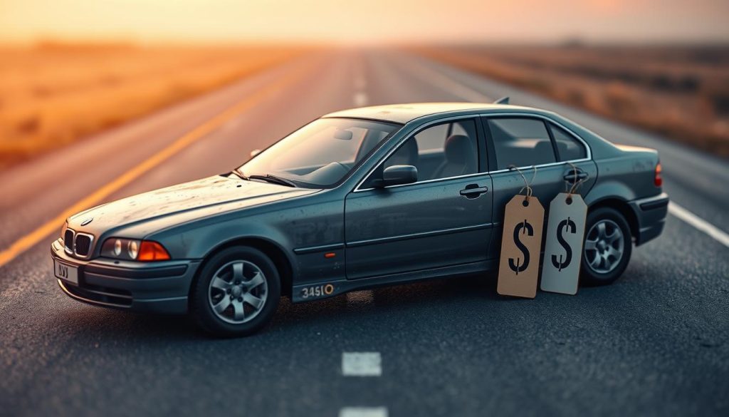 A detailed visualization of a car surrounded by elements representing depreciation and residual value risk. In the foreground, place a car that looks slightly worn and aged, symbolizing its reduced value. In the middle ground, include a series of descending price tags alongside the car, illustrating the concept of depreciation over time. In the background, depict a road that stretches into the horizon, symbolizing the long loan duration. Use warm, soft lighting to create a thoughtful and contemplative mood, with a slight blur on the background to keep the focus on the car and the descending price tags. Capture the scene from a slightly elevated angle, resembling a bird's-eye view, to enhance the feeling of distance and time.