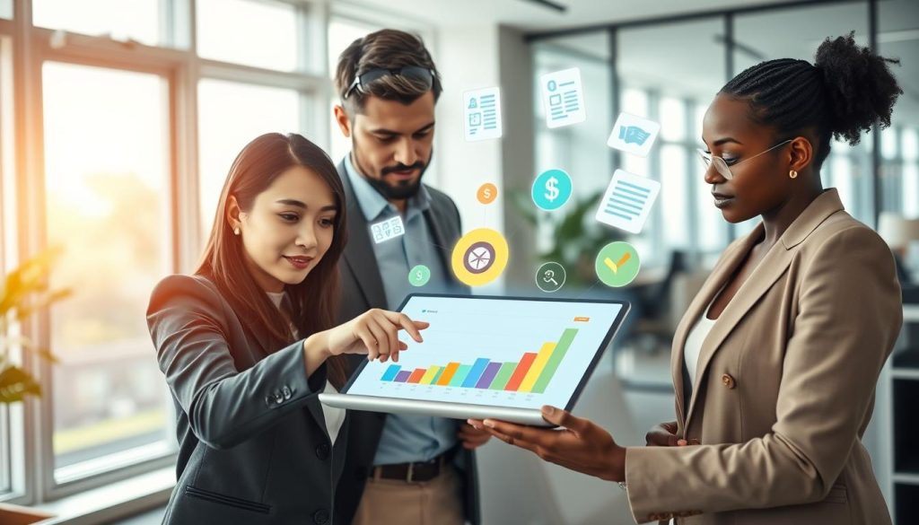 A detailed visualization of a credit score concept, featuring a diverse group of professionally dressed individuals engaged in a discussion around a digital tablet displaying colorful graphs and statistics related to credit assessments. In the foreground, an Asian woman in business attire points at the tablet, while a Caucasian man and African American woman observe intently, showcasing a collaborative atmosphere. The middle ground displays floating icons symbolizing credit data, like charts, loan documents, and credit ratings. In the background, an elegantly designed office with large windows allowing natural light to create a bright and inviting atmosphere. The mood is focused and professional, emphasizing teamwork and informed decision-making regarding financial health, with soft lighting that enhances the clarity of the digital elements. A detailed visualization of a credit score concept, featuring a diverse group of professionally dressed individuals engaged in a discussion around a digital tablet displaying colorful graphs and statistics related to credit assessments. In the foreground, an Asian woman in business attire points at the tablet, while a Caucasian man and African American woman observe intently, showcasing a collaborative atmosphere. The middle ground displays floating icons symbolizing credit data, like charts, loan documents, and credit ratings. In the background, an elegantly designed office with large windows allowing natural light to create a bright and inviting atmosphere. The mood is focused and professional, emphasizing teamwork and informed decision-making regarding financial health, with soft lighting that enhances the clarity of the digital elements.