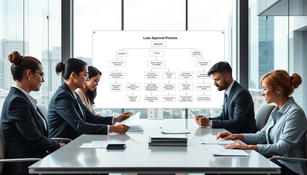 A detailed visualization of the personal credit loan approval process in a bank, set in a modern bank office environment. In the foreground, a diverse group of three professionals dressed in business attire analyzes documents on a sleek conference table, showcasing camaraderie and focus. In the middle ground, a large whiteboard displays a flowchart illustrating the steps of the loan approval process, including application, credit assessment, and decision-making. The background features glass walls with a cityscape view outside, allowing natural light to fill the room, creating a bright and optimistic atmosphere. The scene conveys a sense of professionalism and teamwork, emphasizing the importance of understanding the loan approval process.