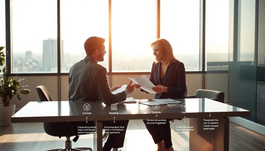 A detailed visualization of the process for applying for a second mortgage in a stylish office setting. In the foreground, a professional couple in business attire is seated at a sleek modern desk, engaged in discussion with a financial advisor who is animatedly explaining documents laid out before them. In the middle, clear infographics illustrating the steps of the application process can be seen—labeled diagrams showing stages like consultation, documentation, and loan approval. The background features a large window allowing natural light to flood the room, with cityscape views that hint at a bustling urban finance hub. The atmosphere feels focused and optimistic, reflecting the importance of financial planning and collaboration. Use soft, warm lighting to create an inviting, professional environment.