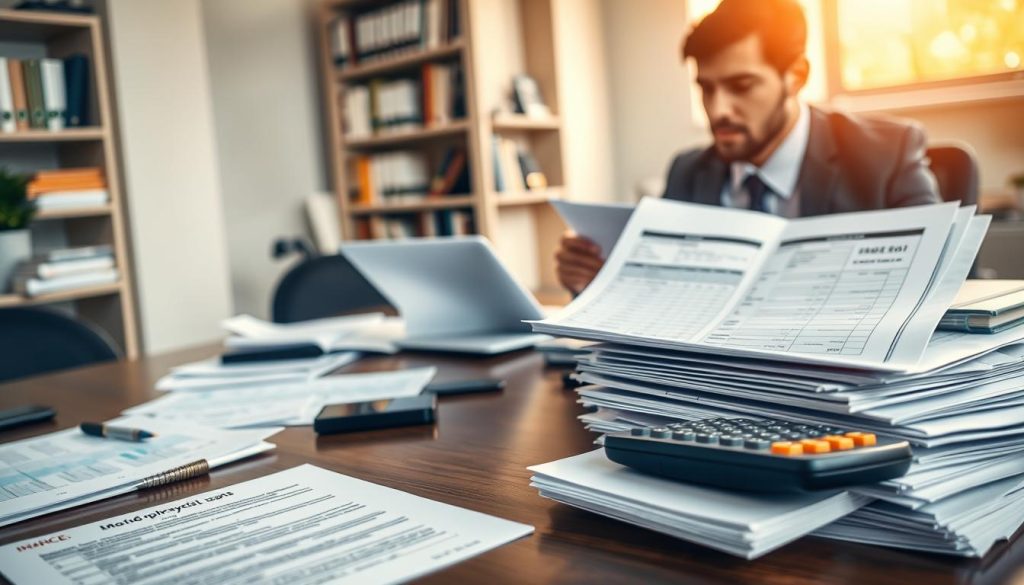 A detailed workspace scene featuring a neatly organized desk with essential motorcycle loan application documents. In the foreground, there are various papers arranged neatly, including forms, identification documents, and financial statements, all relevant to the loan application process. The middle ground showcases a laptop open to a financial planning spreadsheet and a calculator. A business person in professional attire is reviewing the documents with a focused expression. The background is softly blurred, featuring a bookshelf filled with finance books, suggesting an atmosphere of diligence and preparation. Warm, natural lighting streams in from a window, creating a welcoming yet professional ambiance. The overall mood is one of determination and readiness to tackle financial responsibilities. A detailed workspace scene featuring a neatly organized desk with essential motorcycle loan application documents. In the foreground, there are various papers arranged neatly, including forms, identification documents, and financial statements, all relevant to the loan application process. The middle ground showcases a laptop open to a financial planning spreadsheet and a calculator. A business person in professional attire is reviewing the documents with a focused expression. The background is softly blurred, featuring a bookshelf filled with finance books, suggesting an atmosphere of diligence and preparation. Warm, natural lighting streams in from a window, creating a welcoming yet professional ambiance. The overall mood is one of determination and readiness to tackle financial responsibilities.