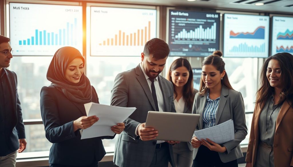 A diverse group of professional individuals, embodying the concept of "low-risk borrowers", gathered in a well-lit, modern bank office setting. In the foreground, a Middle-Eastern woman in business attire reviews financial documents, reflecting confidence and focus. Next to her, a Caucasian man in a suit is discussing numbers on a laptop with a Hispanic woman, dressed in smart casual clothing, who looks engaged and interested. The middle layer features various charts and graphs displayed on wall screens, symbolizing financial stability and transparency. In the background, large windows reveal a bustling cityscape, suggesting a dynamic financial environment. The lighting is warm and inviting, creating a positive and hopeful atmosphere, with a focus on teamwork and professionalism. A diverse group of professional individuals, embodying the concept of "low-risk borrowers", gathered in a well-lit, modern bank office setting. In the foreground, a Middle-Eastern woman in business attire reviews financial documents, reflecting confidence and focus. Next to her, a Caucasian man in a suit is discussing numbers on a laptop with a Hispanic woman, dressed in smart casual clothing, who looks engaged and interested. The middle layer features various charts and graphs displayed on wall screens, symbolizing financial stability and transparency. In the background, large windows reveal a bustling cityscape, suggesting a dynamic financial environment. The lighting is warm and inviting, creating a positive and hopeful atmosphere, with a focus on teamwork and professionalism.