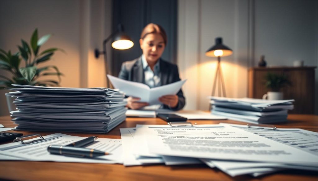 A document spread on a modern wooden desk, showcasing various neat stacks of paperwork for a second mortgage application. The foreground features well-organized loan documents, including forms with clearly marked headings and bullet points, all neatly clipped together, accompanied by a pen and a calculator. In the middle, a soft-focus image of a professional individual, dressed in smart business attire, is reviewing the documents thoughtfully. The background includes a plant, a stylish lamp, and a soft light filtering in from a nearby window, casting a warm, inviting glow over the scene, creating a sense of professionalism and calm readiness. The atmosphere is focused and diligent, suitable for a financial discussion. A document spread on a modern wooden desk, showcasing various neat stacks of paperwork for a second mortgage application. The foreground features well-organized loan documents, including forms with clearly marked headings and bullet points, all neatly clipped together, accompanied by a pen and a calculator. In the middle, a soft-focus image of a professional individual, dressed in smart business attire, is reviewing the documents thoughtfully. The background includes a plant, a stylish lamp, and a soft light filtering in from a nearby window, casting a warm, inviting glow over the scene, creating a sense of professionalism and calm readiness. The atmosphere is focused and diligent, suitable for a financial discussion.