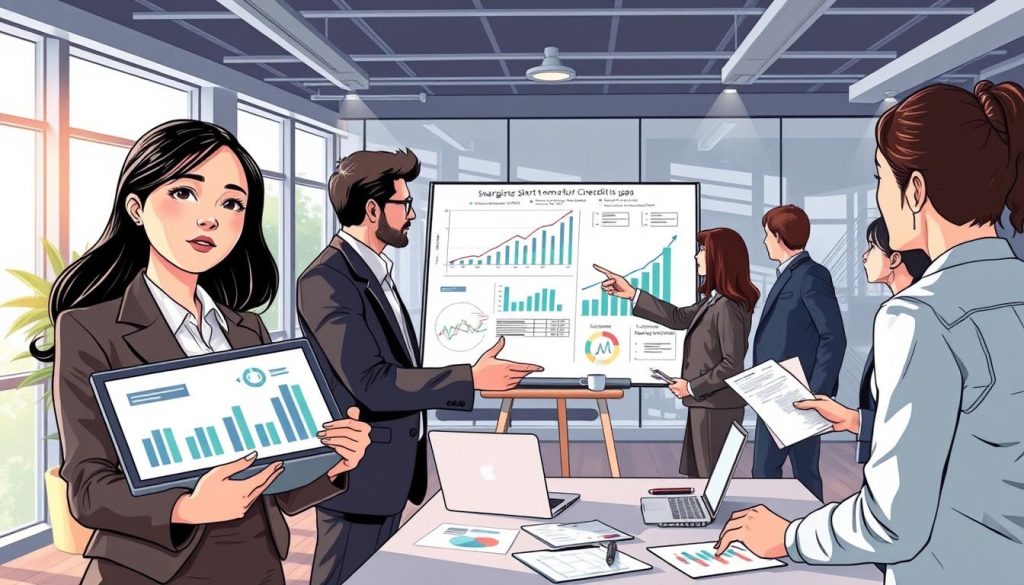 A dynamic and engaging illustration depicting a professional office environment, focusing on a diverse group of businesspeople analyzing a surge in short-term credit inquiries. In the foreground, a thoughtful young Asian woman in smart business attire holds a tablet displaying graphs and data insights, while a middle-aged man in a suit gestures towards a whiteboard filled with charts and statistics. In the middle ground, colleagues engage in discussions, surrounded by laptops and papers reflecting financial documents. The background features modern office decor and large windows with natural light streaming in, creating a bright and professional atmosphere. The mood is serious yet collaborative, highlighting the urgency and importance of addressing the issues related to increased credit inquiries.