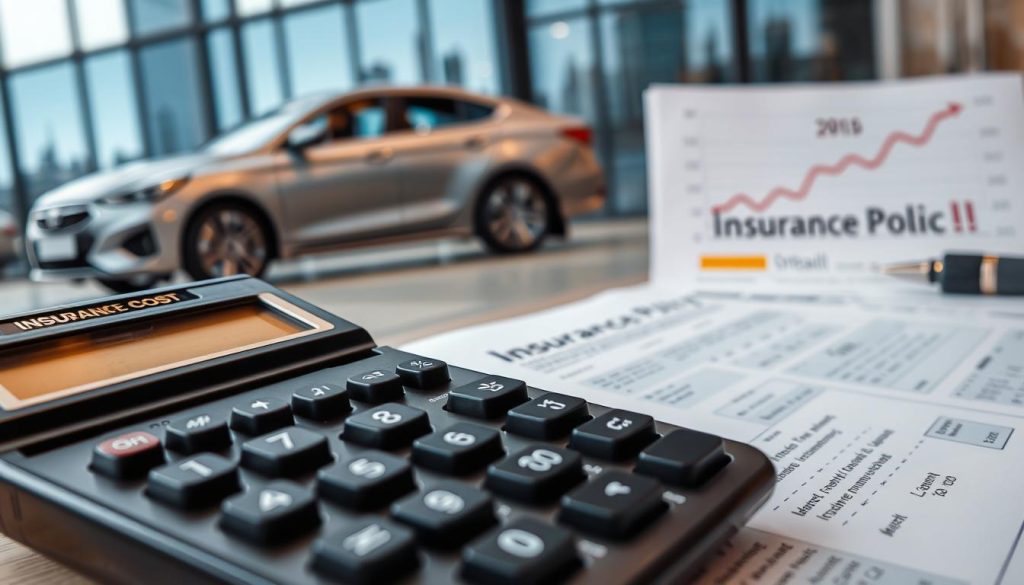 A dynamic and visually engaging image illustrating the concept of "car insurance costs". In the foreground, a close-up of a calculator displaying figures related to insurance premiums, surrounded by paperwork, including a detailed insurance quote. The middle ground features a stylish, modern car parked, with a faint reflection of the city skyline in its windows. In the background, a financial graph showing rising costs and an insurance policy document highlighted with a pen nearby. The scene is well-lit, evoking a professional atmosphere, with soft, natural lighting that creates a sense of clarity and focus. The angle is slightly elevated to provide an optimal view of the calculator and the car, symbolizing the intersection of personal finance and automotive ownership. A dynamic and visually engaging image illustrating the concept of "car insurance costs". In the foreground, a close-up of a calculator displaying figures related to insurance premiums, surrounded by paperwork, including a detailed insurance quote. The middle ground features a stylish, modern car parked, with a faint reflection of the city skyline in its windows. In the background, a financial graph showing rising costs and an insurance policy document highlighted with a pen nearby. The scene is well-lit, evoking a professional atmosphere, with soft, natural lighting that creates a sense of clarity and focus. The angle is slightly elevated to provide an optimal view of the calculator and the car, symbolizing the intersection of personal finance and automotive ownership.