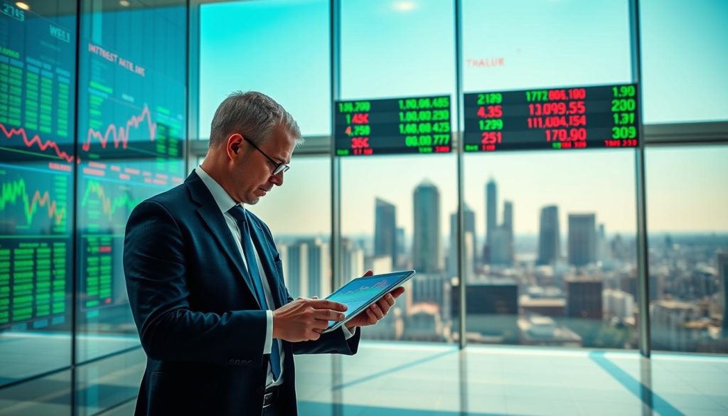 A dynamic financial scene depicting the concept of floating interest rates. In the foreground, visualize a professional business person, dressed in a smart suit, analyzing graphs and charts on a digital tablet, illustrating fluctuating interest rates. In the middle, display a large, modern glass office with financial data screens showing live market updates, blending vibrant greens and reds to reflect rising and falling rates. In the background, include a panoramic city skyline during a bright daytime setting, symbolizing economic activity. The lighting should be bright and clear, emphasizing a sense of professionalism and clarity. The overall mood should convey a proactive and analytical atmosphere, suitable for a financial discussion.