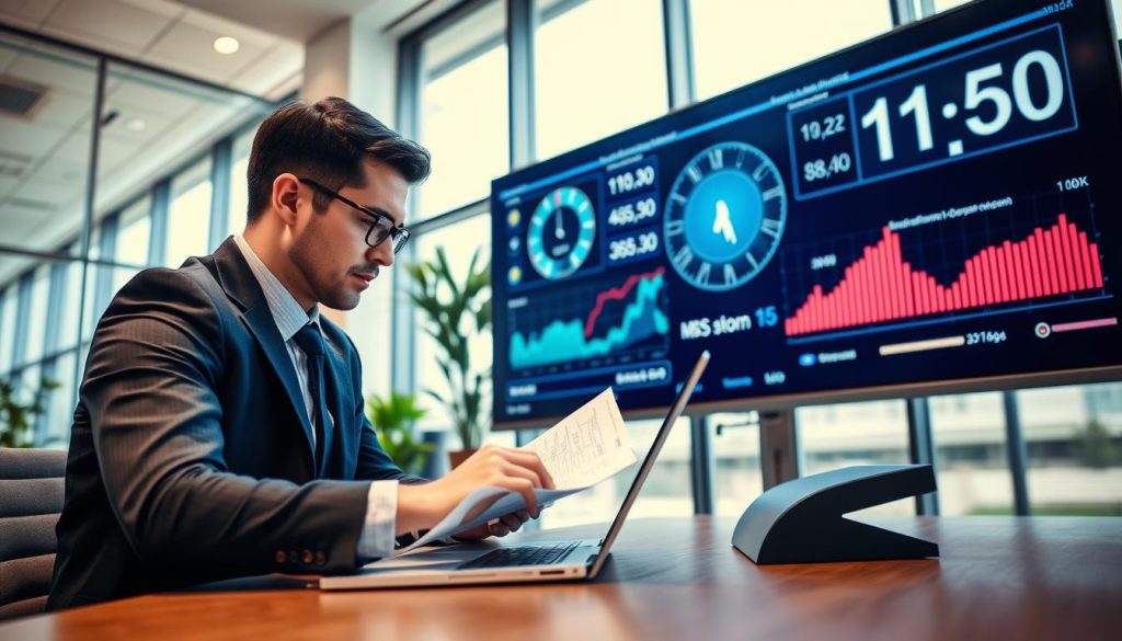 A dynamic office setting highlighting the theme of "speed in finance". In the foreground, a focused business professional in smart attire is analyzing documents and graphs on a laptop, showcasing attentiveness and urgency. In the middle, a digital display board features fast-moving statistics and a ticking clock, symbolizing quick evaluation processes in lending. The background features a modern office space with large windows letting in bright, natural light, reflecting professionalism and clarity. Use a wide-angle lens to capture the depth of the scene, emphasizing the contrast between the vibrant hustle of work and the calm focus of the individual. The atmosphere should be energetic yet organized, illustrating a sense of efficiency and purpose in the loan approval process. A dynamic office setting highlighting the theme of "speed in finance". In the foreground, a focused business professional in smart attire is analyzing documents and graphs on a laptop, showcasing attentiveness and urgency. In the middle, a digital display board features fast-moving statistics and a ticking clock, symbolizing quick evaluation processes in lending. The background features a modern office space with large windows letting in bright, natural light, reflecting professionalism and clarity. Use a wide-angle lens to capture the depth of the scene, emphasizing the contrast between the vibrant hustle of work and the calm focus of the individual. The atmosphere should be energetic yet organized, illustrating a sense of efficiency and purpose in the loan approval process.