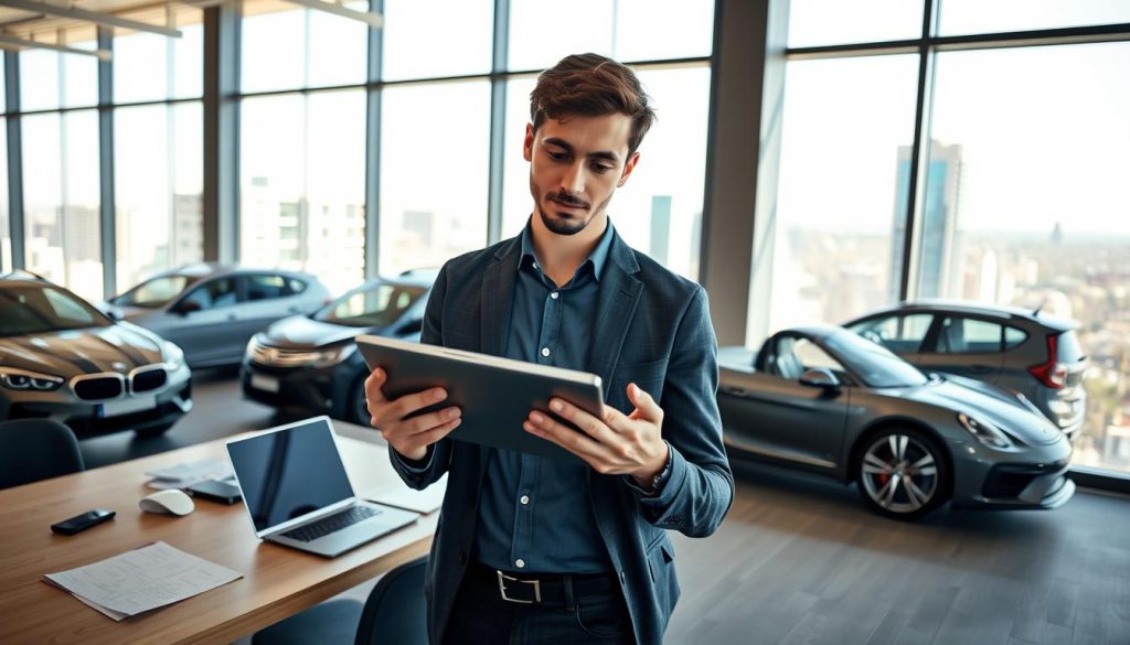A dynamic scene depicting a professional business environment where an entrepreneur is considering car financing as a source of startup capital. In the foreground, a young adult in smart casual attire is studying a variety of car models on a digital tablet. The middle ground features a modern office setting with a stylish desk, financial documents, and a laptop partially visible. In the background, large windows reveal a bustling cityscape, suggesting opportunity and ambition outside. The lighting is bright and natural, creating an optimistic atmosphere. Use a wide-angle lens for a sense of space, emphasizing the entrepreneur's thoughtful expression and determination. The overall mood is focused, hopeful, and conducive to decision-making.