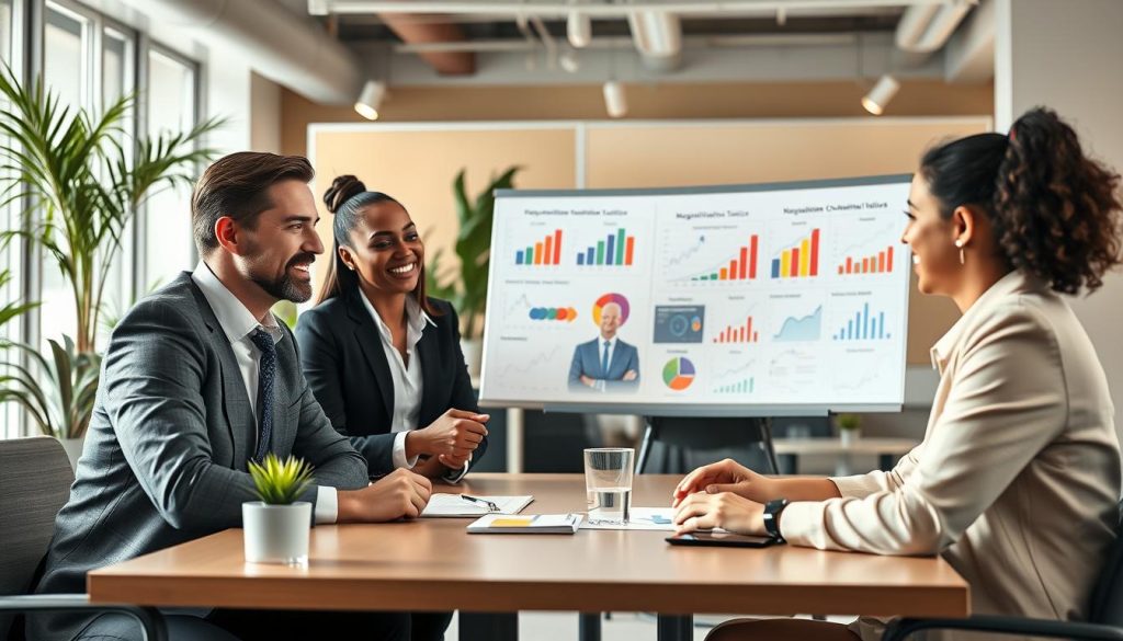 A dynamic scene depicting effective communication and negotiation strategies in a professional setting. In the foreground, a diverse group of three business professionals, dressed in smart attire, are engaged in a lively discussion at a conference table. Each person exhibits animated expressions, reflecting a collaborative atmosphere. In the middle ground, a sophisticated presentation board displays visual aids illustrating key negotiation tactics, with colorful graphs and charts. The background features a bright, modern office space filled with plants and natural light streaming through large windows, creating an inviting ambiance. The mood should convey confidence and openness, using soft lighting to enhance the professional yet approachable feel. The image captures the rhythm of successful communication, emphasizing teamwork and negotiation techniques in a vibrant business environment. A dynamic scene depicting effective communication and negotiation strategies in a professional setting. In the foreground, a diverse group of three business professionals, dressed in smart attire, are engaged in a lively discussion at a conference table. Each person exhibits animated expressions, reflecting a collaborative atmosphere. In the middle ground, a sophisticated presentation board displays visual aids illustrating key negotiation tactics, with colorful graphs and charts. The background features a bright, modern office space filled with plants and natural light streaming through large windows, creating an inviting ambiance. The mood should convey confidence and openness, using soft lighting to enhance the professional yet approachable feel. The image captures the rhythm of successful communication, emphasizing teamwork and negotiation techniques in a vibrant business environment.