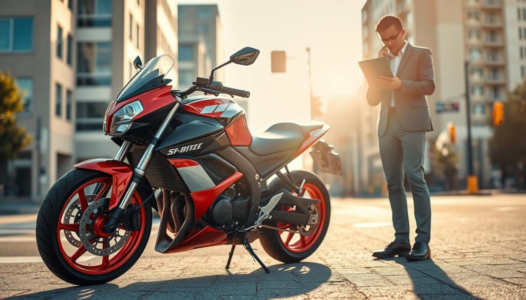 A dynamic scene featuring a motorcycle parked prominently in the foreground against a blurred city background. The motorcycle is sleek and modern, with vivid colors, and reflects sunlight, showcasing its design details like chrome accents and polished surfaces. A person in professional business attire stands beside the bike, holding a laptop and examining documents, symbolizing the intersection of personal life and financial responsibilities. The background displays urban elements like buildings and traffic lights softly blurred to emphasize the foreground. Warm, natural lighting permeates the scene, creating an atmosphere of determination and possibility, evoking a sense of contemplation about financial decisions. The angle is slightly low from the ground, giving a grand perspective of the motorcycle and its surroundings, enhancing the subject's significance. A dynamic scene featuring a motorcycle parked prominently in the foreground against a blurred city background. The motorcycle is sleek and modern, with vivid colors, and reflects sunlight, showcasing its design details like chrome accents and polished surfaces. A person in professional business attire stands beside the bike, holding a laptop and examining documents, symbolizing the intersection of personal life and financial responsibilities. The background displays urban elements like buildings and traffic lights softly blurred to emphasize the foreground. Warm, natural lighting permeates the scene, creating an atmosphere of determination and possibility, evoking a sense of contemplation about financial decisions. The angle is slightly low from the ground, giving a grand perspective of the motorcycle and its surroundings, enhancing the subject's significance.