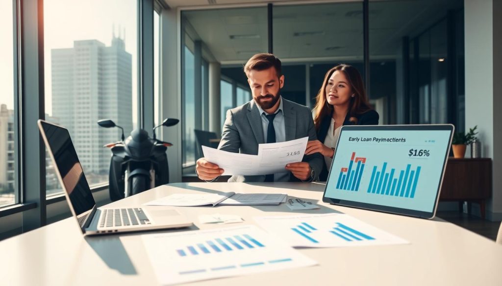 A dynamic scene in a professional office setting, showcasing a man and woman discussing motorcycle loan options. The foreground features a sleek modern desk with financial documents and a laptop displaying graphs and statistics related to early loan repayment. In the middle, the two individuals are engaged in conversation, wearing professional business attire; the man points to a document while the woman nods thoughtfully. The background reveals a large window with natural light streaming in, casting soft shadows across the room, and a cityscape outside hints at a bustling urban environment. The atmosphere is focused and serious, conveying a sense of decision-making and financial strategy. The lighting is bright yet soft, creating a welcoming and professional ambiance. A dynamic scene in a professional office setting, showcasing a man and woman discussing motorcycle loan options. The foreground features a sleek modern desk with financial documents and a laptop displaying graphs and statistics related to early loan repayment. In the middle, the two individuals are engaged in conversation, wearing professional business attire; the man points to a document while the woman nods thoughtfully. The background reveals a large window with natural light streaming in, casting soft shadows across the room, and a cityscape outside hints at a bustling urban environment. The atmosphere is focused and serious, conveying a sense of decision-making and financial strategy. The lighting is bright yet soft, creating a welcoming and professional ambiance.