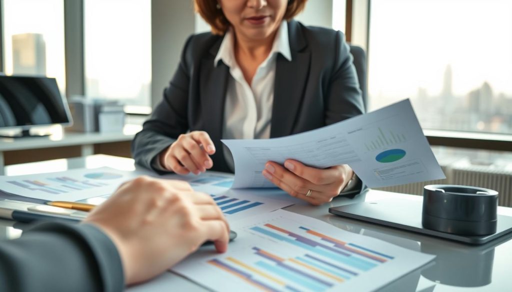 A financial advisor sitting at a modern desk, reviewing cash flow management documents with graphs and charts spread out. In the foreground, a close-up of hands holding a calculator, representing careful financial analysis. The middle ground features the advisor, a middle-aged Asian woman dressed in professional business attire, intently studying the financial reports. The background includes a clean and organized office with a window showing a city skyline bathed in soft, warm afternoon light, creating a hopeful yet serious atmosphere. The overall mood should reflect the importance of managing funds and the risks associated with long-term car loans, emphasizing clarity and focus on financial health.