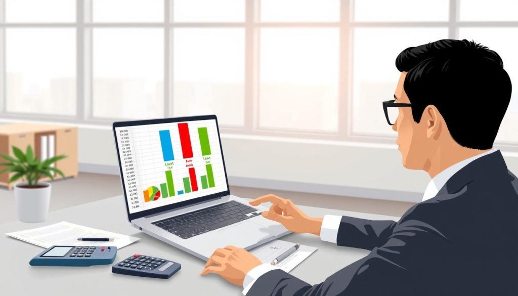 A financial scenario illustration depicting a person calculating loan installment options. In the foreground, a neatly dressed individual, wearing professional business attire, is focused on a laptop with a financial spreadsheet open. On the screen, different installment plans are visually represented through colorful bar graphs and pie charts, contrasting short, medium, and long-term loan options. The middle ground features a subtle office environment with a neatly arranged desk, financial documents, and a modern calculator. In the background, large windows allow natural light to flood the space, enhancing a professional yet calming atmosphere. The overall mood is one of clarity and professionalism, emphasizing the process of financial planning and analysis.
