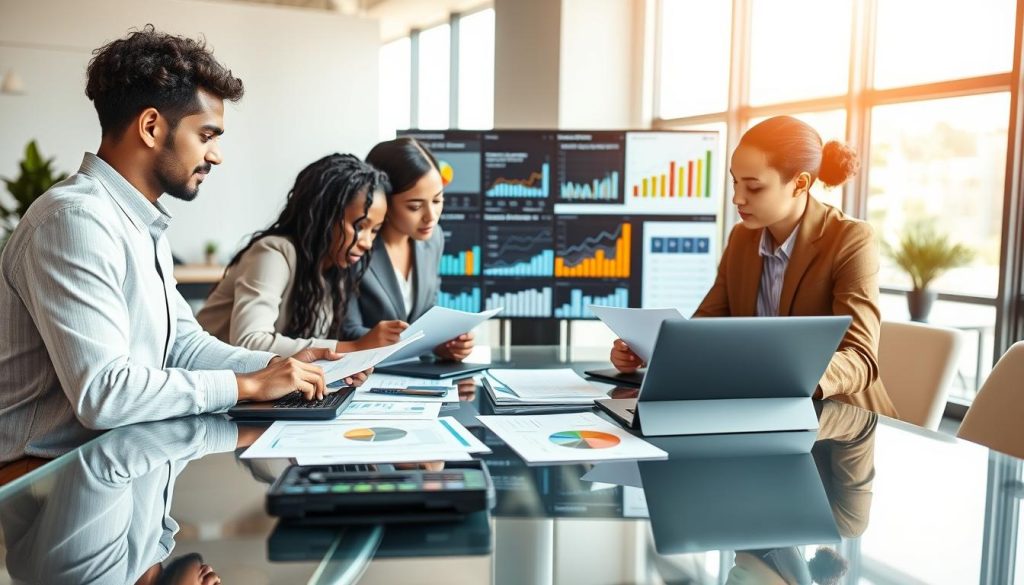 A focused financial assessment scene featuring a diverse group of three professionals gathered around a sleek glass conference table. In the foreground, they review colorful financial charts, calculators, and laptops, showcasing a deep engagement in their discussion. The middle ground should include a large digital screen displaying various financial metrics and graphs, adding context to their analysis. The background is softly blurred, hinting at a modern office environment with minimalist decor and natural light streaming in from large windows. The atmosphere is serious yet encouraging, with a sense of teamwork and focus as they make informed decisions about personal finance. Use warm, natural lighting to create an inviting space that emphasizes collaboration and clarity in financial planning.