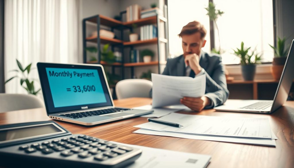 A focused, professional workspace featuring a sleek wooden desk with financial documents, a calculator, and a laptop displaying a simple monthly payment calculation formula. In the foreground, a close-up of the calculator’s screen shows numbers reflecting a monthly payment calculation. In the middle, a business professional dressed in smart attire is thoughtfully analyzing the documents, with a look of concentration, as sunlight pours through a nearby window, creating a warm and inviting atmosphere. The background features a modern office setting with soft-focus shelves filled with finance books and potted plants, enhancing the theme of personal finance and loans. The overall mood is informative and conducive to financial planning, emphasizing clarity and professionalism. A focused, professional workspace featuring a sleek wooden desk with financial documents, a calculator, and a laptop displaying a simple monthly payment calculation formula. In the foreground, a close-up of the calculator’s screen shows numbers reflecting a monthly payment calculation. In the middle, a business professional dressed in smart attire is thoughtfully analyzing the documents, with a look of concentration, as sunlight pours through a nearby window, creating a warm and inviting atmosphere. The background features a modern office setting with soft-focus shelves filled with finance books and potted plants, enhancing the theme of personal finance and loans. The overall mood is informative and conducive to financial planning, emphasizing clarity and professionalism.
