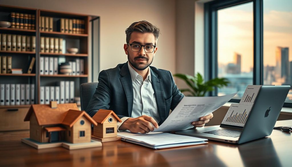 A focused scene depicting a confident individual sitting at a modern office desk, reviewing documents related to property share mortgages. The individual, a professional in business attire, is surrounded by a few house models and a laptop displaying financial charts. In the background, shelves filled with legal books and a large window revealing a city skyline bathed in warm afternoon light sets an optimistic mood. The foreground emphasizes the individual's focused expression, capturing the essence of determination to explore the possibility of individual loan applications. Soft, natural lighting illuminates the scene, creating a balanced atmosphere of professionalism and ambition. The angle is slightly elevated, providing a clear view of both the person and the desk, enhancing the narrative of navigating property financial options. A focused scene depicting a confident individual sitting at a modern office desk, reviewing documents related to property share mortgages. The individual, a professional in business attire, is surrounded by a few house models and a laptop displaying financial charts. In the background, shelves filled with legal books and a large window revealing a city skyline bathed in warm afternoon light sets an optimistic mood. The foreground emphasizes the individual's focused expression, capturing the essence of determination to explore the possibility of individual loan applications. Soft, natural lighting illuminates the scene, creating a balanced atmosphere of professionalism and ambition. The angle is slightly elevated, providing a clear view of both the person and the desk, enhancing the narrative of navigating property financial options.