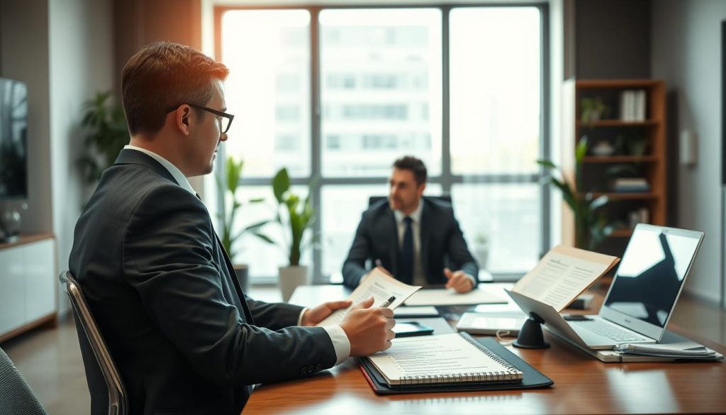 A focused scene depicting a professional office environment where a person is preparing for a negotiation regarding a car loan. In the foreground, a well-dressed individual, wearing business attire, is seated at a desk surrounded by neatly arranged documents, a laptop, and a notepad filled with strategic points for negotiation. In the middle-ground, a large window allows natural light to illuminate the workspace, reflecting a sense of calm and determination. The background features a modern, minimalist office design with plants and a bookshelf, contributing to a professional atmosphere. Soft, warm lighting emphasizes the seriousness of the situation while maintaining an optimistic mood, capturing the essence of preparation and negotiation.
