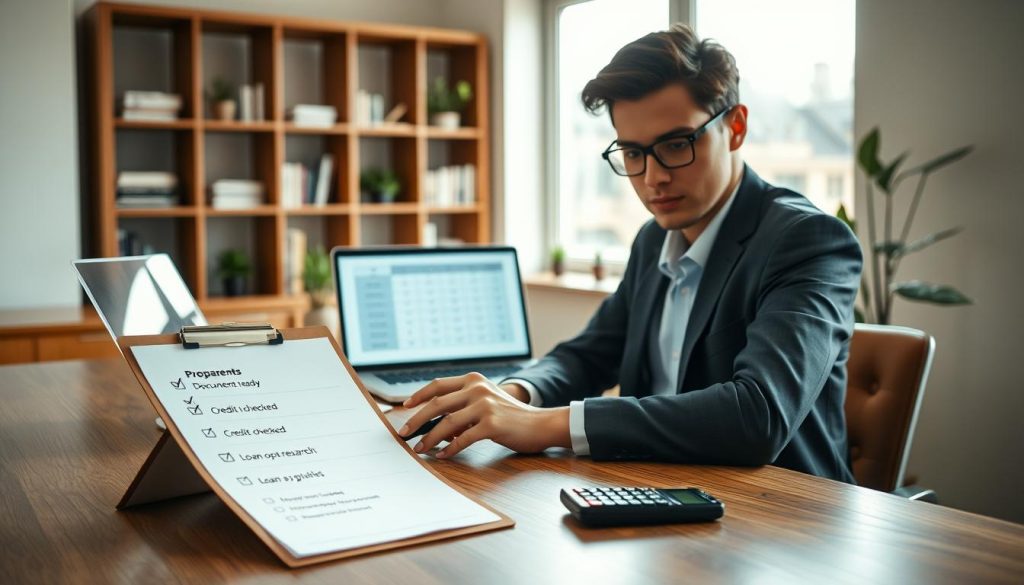 A focused young adult sitting at a sleek wooden desk, reviewing a checklist for motorbike loan application preparations. The foreground features a neatly organized checklist on a clipboard with items like "Documents ready," "Credit score checked," and "Loan options researched." In the middle, a laptop displays a financial comparison table, with a pen and calculator nearby. Soft, natural light from a large window casts a warm glow, creating an inviting atmosphere. The background includes shelves filled with books and a plant, symbolizing a calm, productive environment. The subject wears professional business attire, exuding confidence and determination, as they thoughtfully assess their preparation steps. A focused young adult sitting at a sleek wooden desk, reviewing a checklist for motorbike loan application preparations. The foreground features a neatly organized checklist on a clipboard with items like "Documents ready," "Credit score checked," and "Loan options researched." In the middle, a laptop displays a financial comparison table, with a pen and calculator nearby. Soft, natural light from a large window casts a warm glow, creating an inviting atmosphere. The background includes shelves filled with books and a plant, symbolizing a calm, productive environment. The subject wears professional business attire, exuding confidence and determination, as they thoughtfully assess their preparation steps.