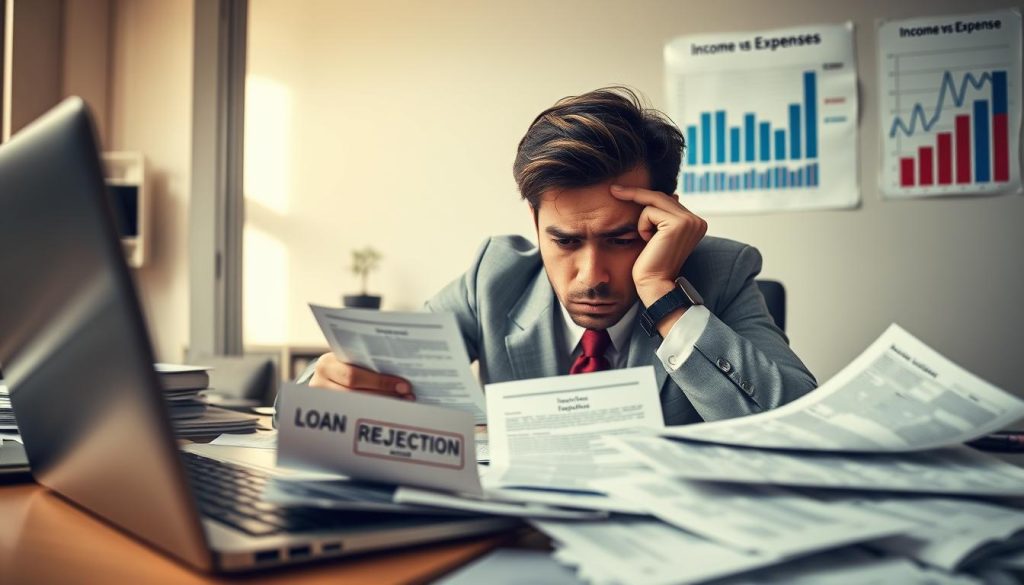 A frustrated individual in professional attire sits at a desk cluttered with various financial documents, such as loan rejection letters and bank statements, showing a troubled expression. The background reveals a modern office environment with a laptop and soft natural light filtering through a window, creating a sense of tension. On a nearby wall, there are charts and graphs depicting income versus expenses. The focus is on the individual's emotional struggle, and the atmosphere carries a tone of disappointment and confusion about financial matters. The angle is slightly above eye level, giving viewers an intimate perspective on their distress.