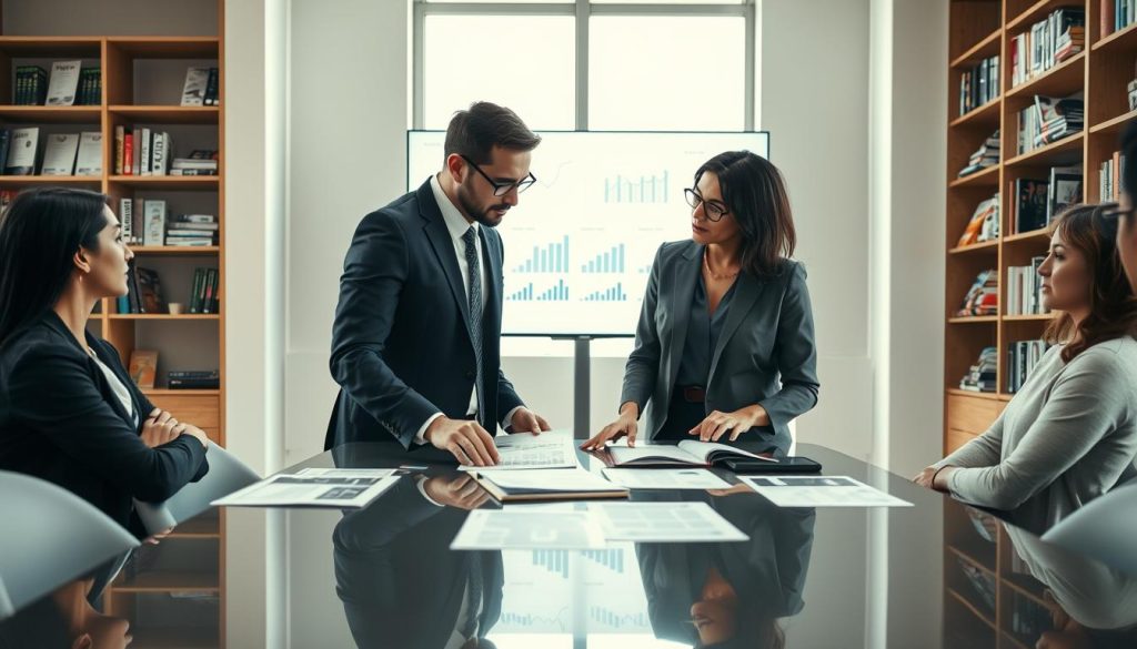A group of diverse business professionals in a modern office environment, discussing the complexities of personal loans. In the foreground, two individuals, a man in a tailored navy suit and a woman in a smart gray blouse, are engaged in a serious conversation over documents spread on a sleek conference table. In the middle, a large window lets in soft, natural light, illuminating charts and graphs showing financial data displayed on a screen behind them. The background features shelves filled with books and finance magazines, creating an atmosphere of professionalism and focus. The color palette is muted with warm tones, suggesting a serious yet collaborative mood. The image should capture a sense of critical thinking and teamwork.