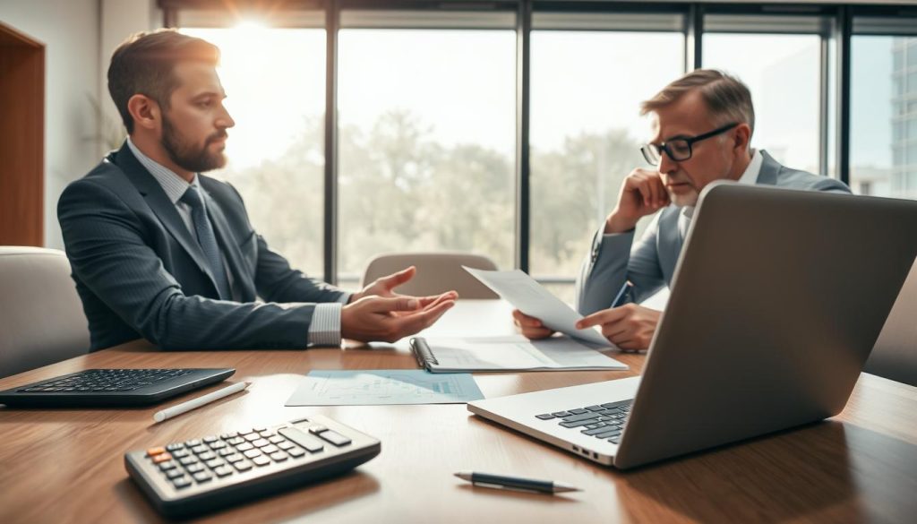 A highly detailed scene depicting a financial advisor and a client seated at a modern conference table, engaged in a thoughtful discussion about loan terms and monthly payments. In the foreground, a calculator, a laptop showing graphs, and a notepad with handwritten notes are prominently displayed. In the middle, the advisor, dressed in professional business attire, explains options to the client, who appears attentive and concerned, holding a pen. The background features a large window with soft, natural light streaming in, casting a warm glow over the room. The atmosphere should evoke a sense of trust, professionalism, and clarity, ideal for addressing financial concerns. The overall composition should focus on the interaction and tools used for financial planning.