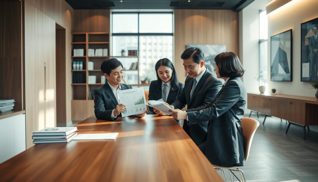 A modern Taiwanese bank office interior, featuring a consultation area with a sleek wooden desk and two chairs. In the foreground, a financial advisor dressed in professional business attire is explaining mortgage options to a couple also in business attire. They are reviewing documents that include charts and figures related to secondary housing loans. The middle of the scene showcases a large window with natural light streaming in, illuminating the space and creating a warm atmosphere. In the background, shelves of financial books and modern art on the walls add a sophisticated touch. Use a soft focus to highlight the characters while maintaining a sharp focus on the desk and documents, capturing a sense of trust and professionalism.