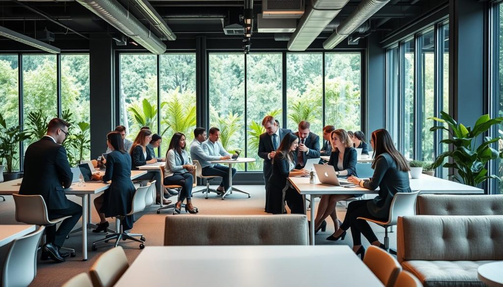 A modern and spacious co-working space, featuring sleek desks and comfortable seating arrangements. In the foreground, a diverse group of professionals in business attire are engaged in deep discussion, analyzing documents and using laptops. In the middle, large windows allow natural light to flood the room, creating an inviting atmosphere. The background showcases greenery outside, enhancing the sense of a vibrant work environment. Soft, diffused lighting adds warmth to the scene, while a slightly elevated perspective captures the layout and openness of the space. The mood is collaborative and focused, illustrating a productive atmosphere ideal for discussions about financial conditions and banking approvals. A modern and spacious co-working space, featuring sleek desks and comfortable seating arrangements. In the foreground, a diverse group of professionals in business attire are engaged in deep discussion, analyzing documents and using laptops. In the middle, large windows allow natural light to flood the room, creating an inviting atmosphere. The background showcases greenery outside, enhancing the sense of a vibrant work environment. Soft, diffused lighting adds warmth to the scene, while a slightly elevated perspective captures the layout and openness of the space. The mood is collaborative and focused, illustrating a productive atmosphere ideal for discussions about financial conditions and banking approvals.