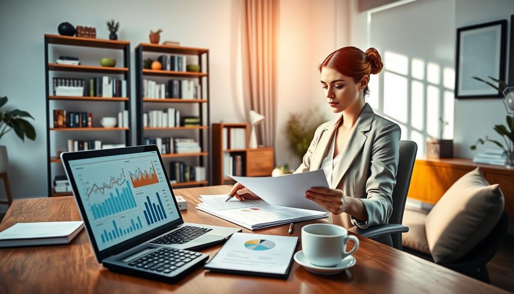 A modern and stylish home office scene illustrating the concept of second mortgage loans, featuring a professional woman in business attire sitting at a desk, studying financial documents. The foreground includes a laptop open with graphs and charts displayed, alongside a calculator and a coffee cup. In the middle ground, a bookshelf filled with finance books and home décor items creates an inviting atmosphere. The background shows a window with natural light streaming in, casting soft shadows across the room, enhancing the warm and focused mood. The overall color palette should be calming, with soft blues and greys, while the lighting is bright yet comfortable to convey professionalism and clarity in understanding financial concepts.