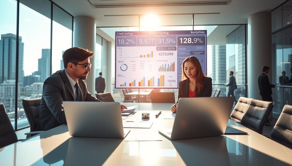 A modern bank office interior filled with professional bankers engaged in deep discussions around a large conference table. In the foreground, two bankers, a diverse male and female, review financial documents and graphs displayed on a laptop, dressed in smart business attire. In the middle ground, a large digital screen showcases data analytics and credit scoring metrics, highlighting the differences between various branches. The background features glass walls revealing a bustling cityscape, with sunlight streaming through, creating a bright and optimistic atmosphere. Soft shadows enhance the professional mood, and the angle is slightly elevated to provide a comprehensive view of the dynamic banking environment.