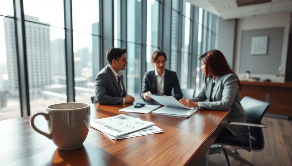 A modern bank office interior with a sleek design, featuring a professional male and female banker discussing 二胎房屋貸款 (second mortgage loans) over a polished wooden desk. The foreground includes an inviting coffee cup and financial documents spread out on the desk. In the middle, the bankers are engaged in conversation, dressed in business attire, conveying professionalism and confidence. The background shows tall glass windows with a city skyline visible, symbolizing growth and opportunity. Natural light floods the space, creating a bright and optimistic atmosphere. The angle is slightly above eye level, focusing on the interaction, with a warm color palette that adds a cozy yet professional vibe to the scene.