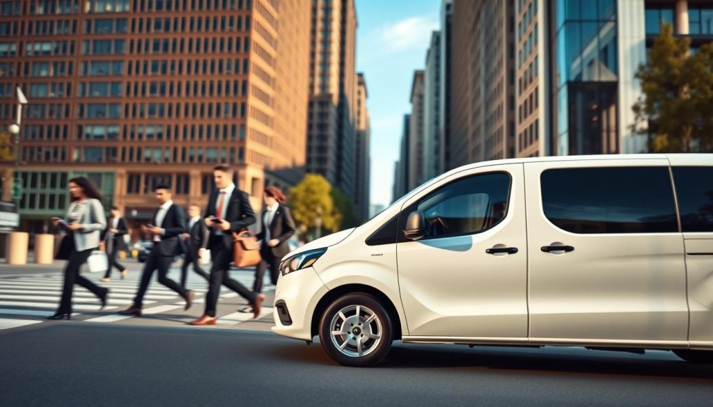 A modern business vehicle, prominently displayed in the foreground, specifically a commercial van designed for deliveries, emphasizing practicality and professionalism. The van is in a sleek white color with subtle branding that suggests a courier service. In the middle ground, a busy urban street scene unfolds with blurred figures of professionals in business attire walking by, evoking a bustling atmosphere. The background features tall office buildings and a clear blue sky, highlighting a thriving commercial environment. Soft, natural lighting casts gentle shadows, suggesting a late afternoon setting. The perspective is slightly low to capture the height of the buildings and add depth, creating a sense of engagement with the scene. The overall mood conveys efficiency, professional service, and the dynamic nature of business operations.