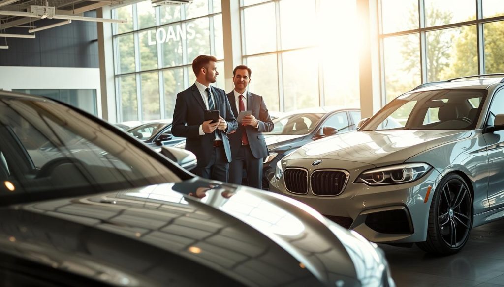 A modern car dealership interior, featuring a sleek new car prominently displayed in the foreground. The car should be shiny and immaculate, showcasing its attractive design. In the middle ground, a professional financial advisor, dressed in business attire, is engaged in conversation with a potential customer, who looks intrigued and interested. Soft sunlight filters through large glass windows, creating a warm and inviting atmosphere. In the background, various car models are elegantly arranged, emphasizing the automotive theme. The scene conveys a sense of optimism and opportunity, with a focus on the potential of car loans. The overall composition should balance professionalism with an inviting ambiance, highlighting the role of car loans in business startups.