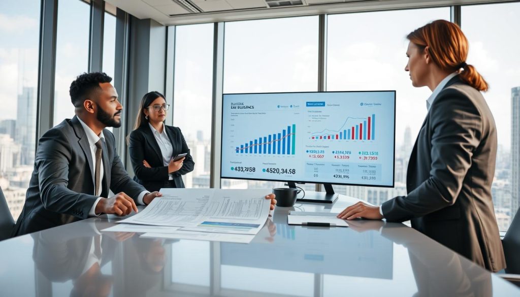 A modern corporate office environment focused on business financing solutions. In the foreground, a diverse group of three professional individuals — two men and one woman in smart business attire — are discussing a financial document spread out on a sleek conference table. In the middle ground, a large digital screen displays charts and graphs related to loan applications, emphasizing metrics and data visualizations indicative of cross-county or interbank financing strategies. The background features a city skyline through large windows, suggesting a bustling urban area. Soft, natural light filters in, creating a bright and optimistic atmosphere, while the angle captures the team’s collaborative spirit, embodying the motivation behind exploring diverse financing options for their business. A modern corporate office environment focused on business financing solutions. In the foreground, a diverse group of three professional individuals — two men and one woman in smart business attire — are discussing a financial document spread out on a sleek conference table. In the middle ground, a large digital screen displays charts and graphs related to loan applications, emphasizing metrics and data visualizations indicative of cross-county or interbank financing strategies. The background features a city skyline through large windows, suggesting a bustling urban area. Soft, natural light filters in, creating a bright and optimistic atmosphere, while the angle captures the team’s collaborative spirit, embodying the motivation behind exploring diverse financing options for their business.