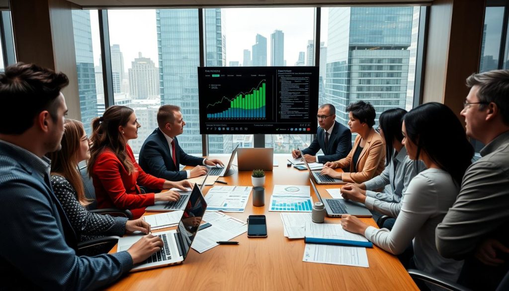 A modern corporate office setting during a meeting, capturing the essence of decision-making in finance. In the foreground, a diverse group of professionals in business attire engage in a discussion around a conference table filled with financial documents and laptops. The middle ground features a large digital screen displaying charts and graphs related to credit decisions. In the background, floor-to-ceiling windows reveal a bustling cityscape, allowing natural light to illuminate the room. The atmosphere is focused and intense, reflecting the weight of responsibility in lending decisions. Use a wide-angle lens to emphasize the interactivity of the group, with a slight vignette to direct attention towards the central conversation.